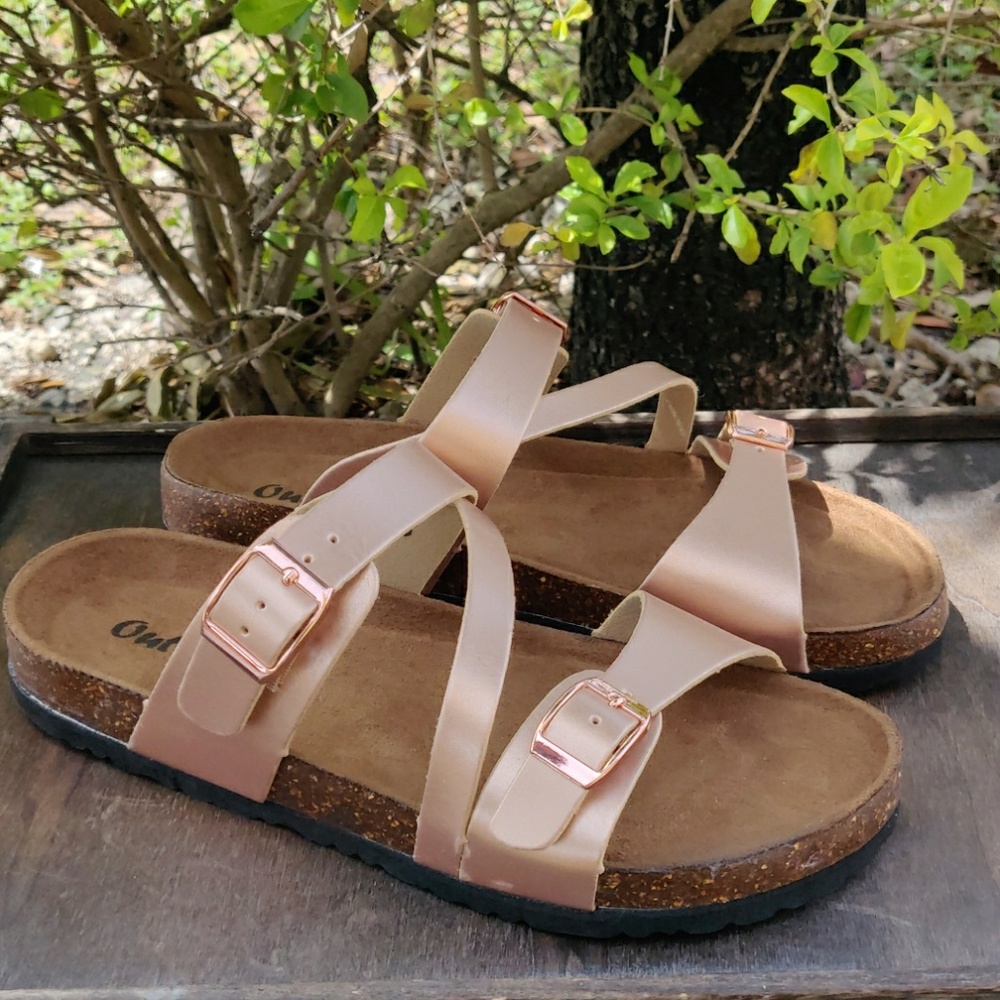 Womens Cork Strappy Buckle Slide Sandals Rose Gold